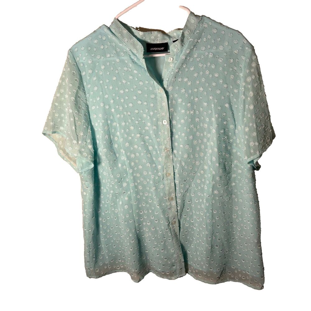 Avenue Blouse Women's 18/20 Swiss Dot Button Up Short Sleeve Blue Shirt Top